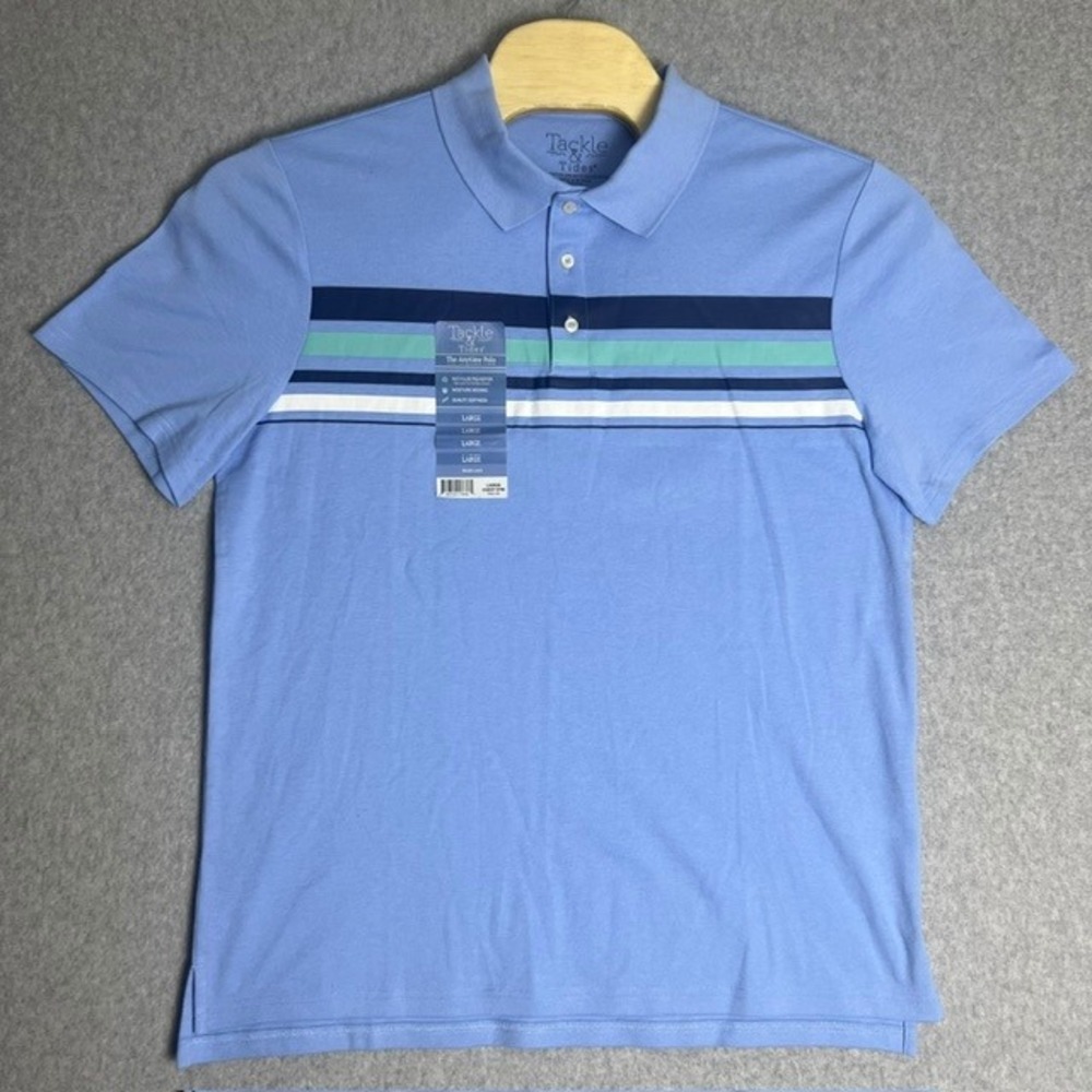 NWT Tackle &‎ Tides Men's Light Blue Anytime Polo Shirt Chest Stripe Size Large